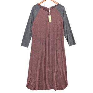Eqouaer Night Gown Women Burgundy Grey 3/4 Sleeve Pockets Pullover Size M